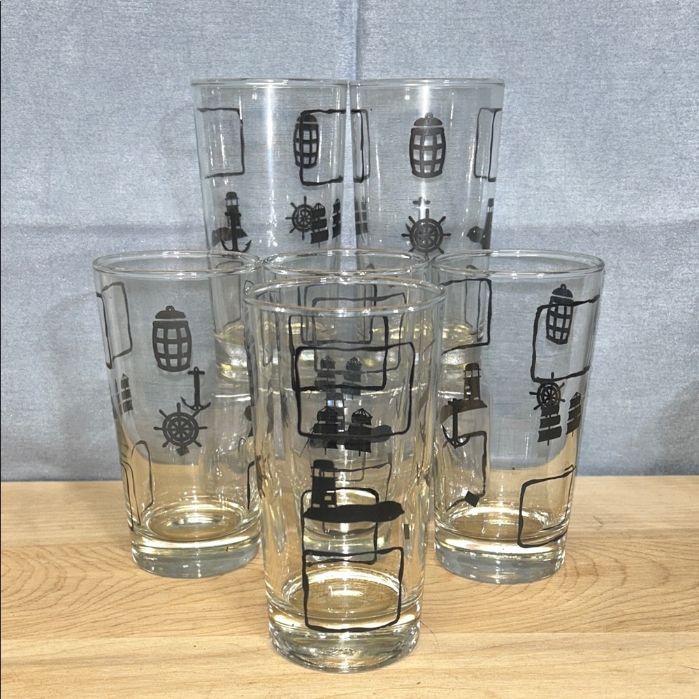 6 Vintage 1960’s-1970’s Libbey Glass Nautical pattern 12 oZ Drinking Glasses